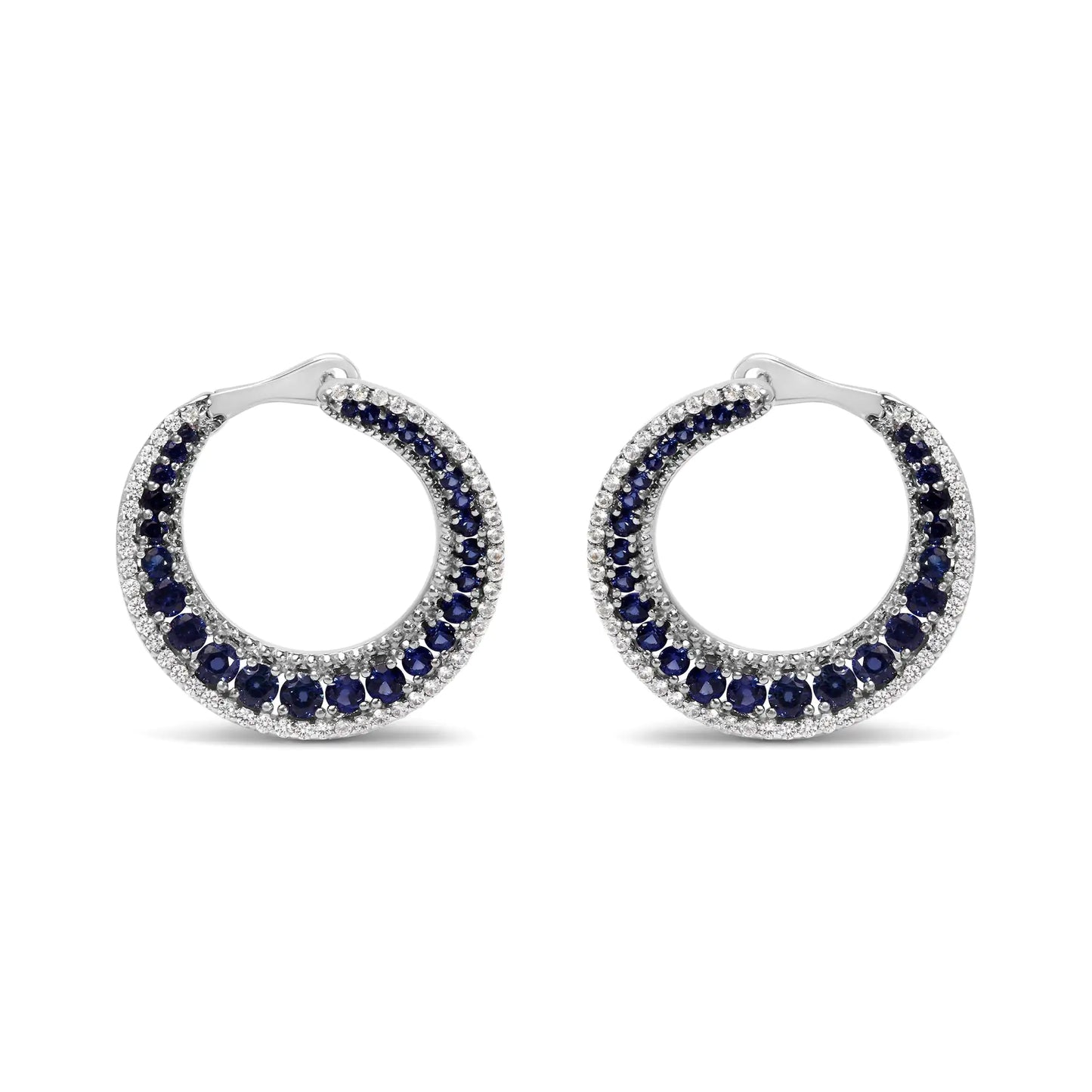 .925 Sterling Silver 2 3/4 Cttw Created Blue Sapphire Crescent Moon Disc Style Hoop Earrings - AAA Quality