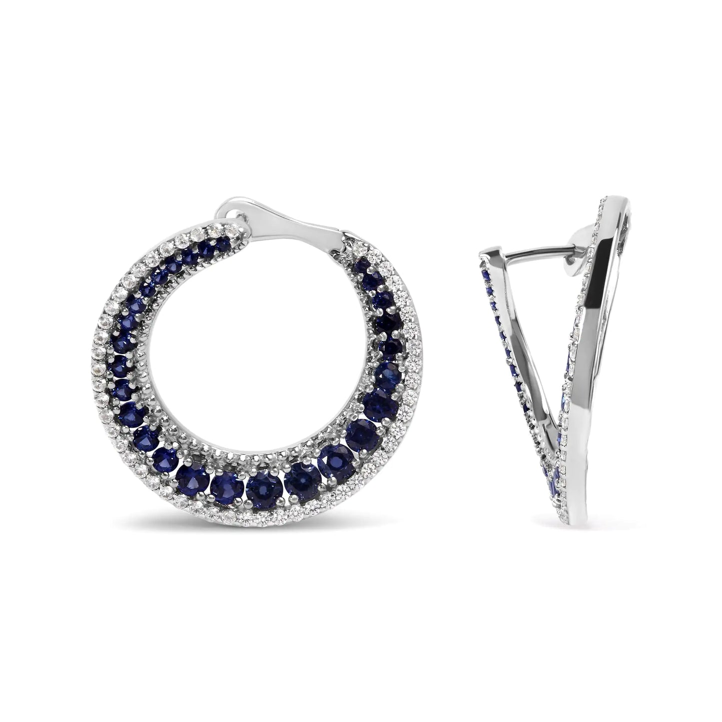 .925 Sterling Silver 2 3/4 Cttw Created Blue Sapphire Crescent Moon Disc Style Hoop Earrings - AAA Quality